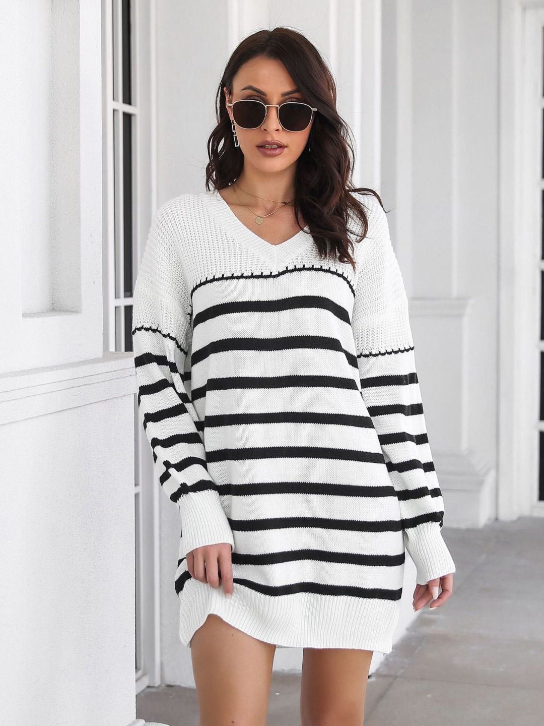 

DressBerry White & Black Striped V-Neck Acrylic Above Knee Sweater Dress