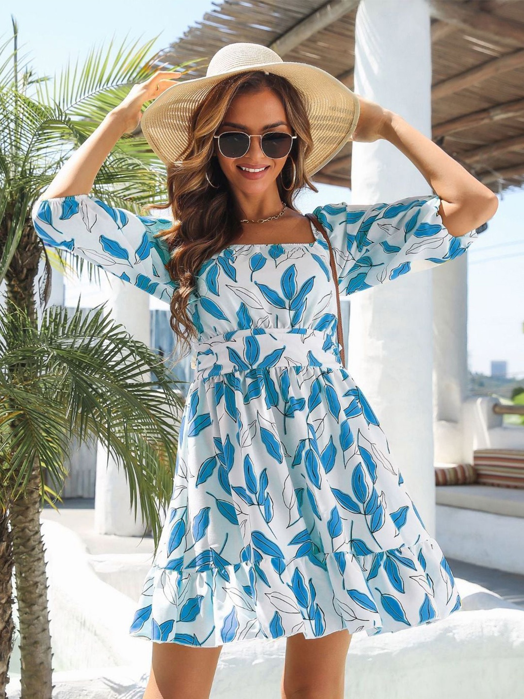 

DressBerry Blue & White Tropical Print Fit & Flare Dress