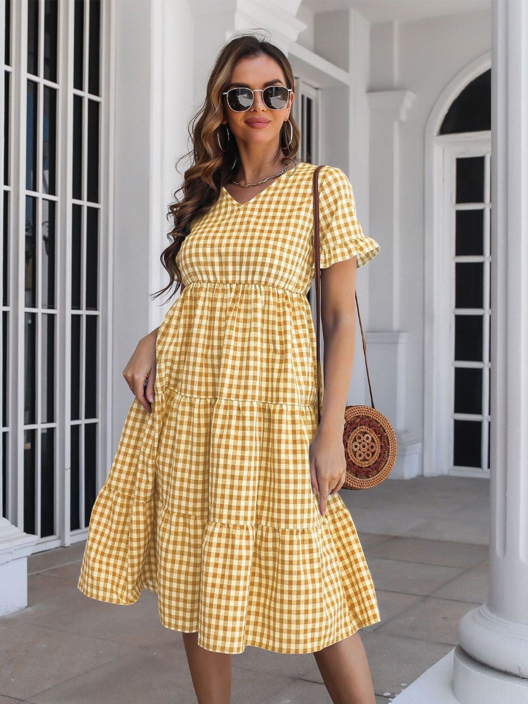 

DressBerry Yellow Checked Cotton A-Line Dress