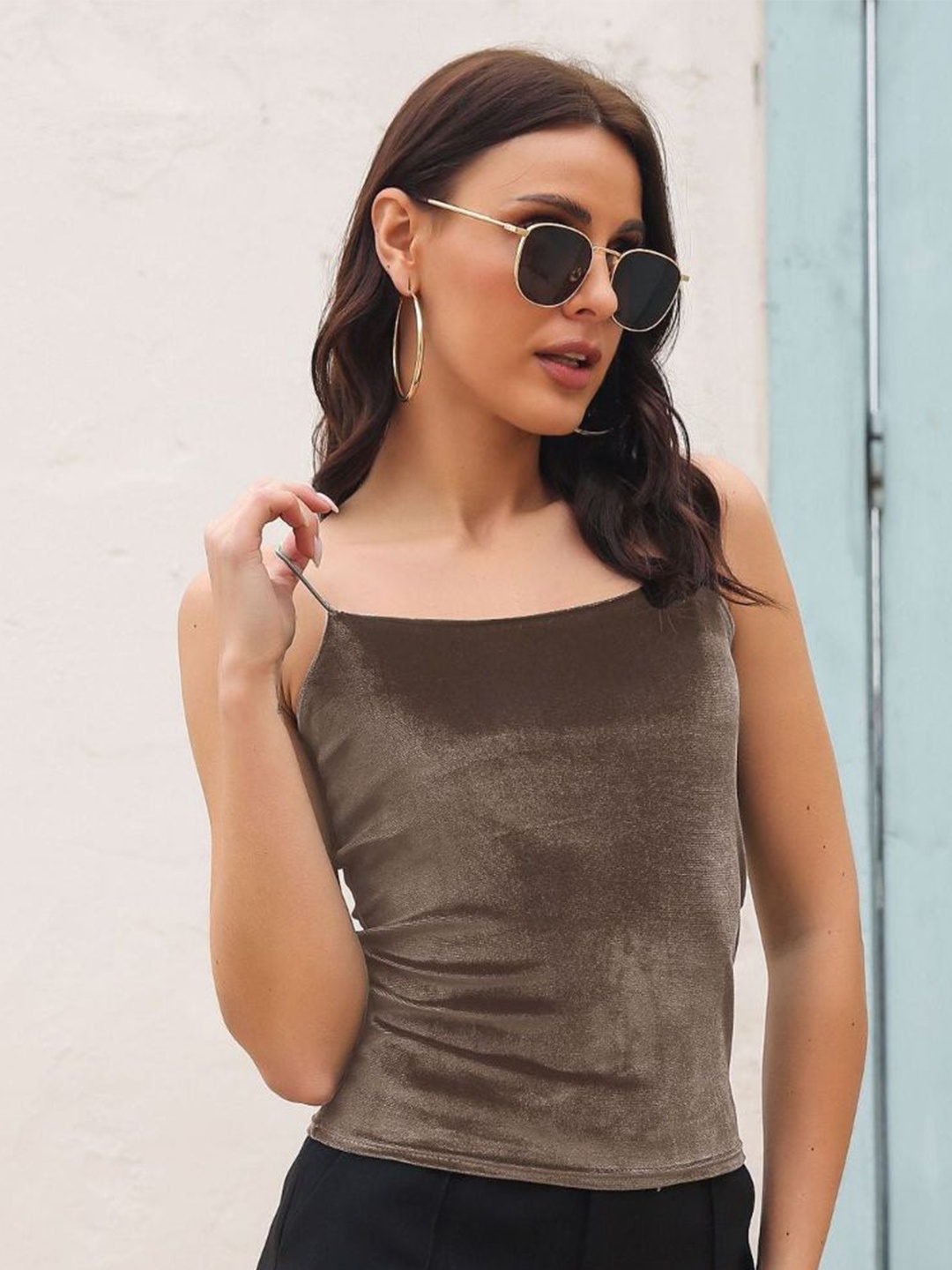 

DressBerry Khaki Shoulder Strap Velvet Top
