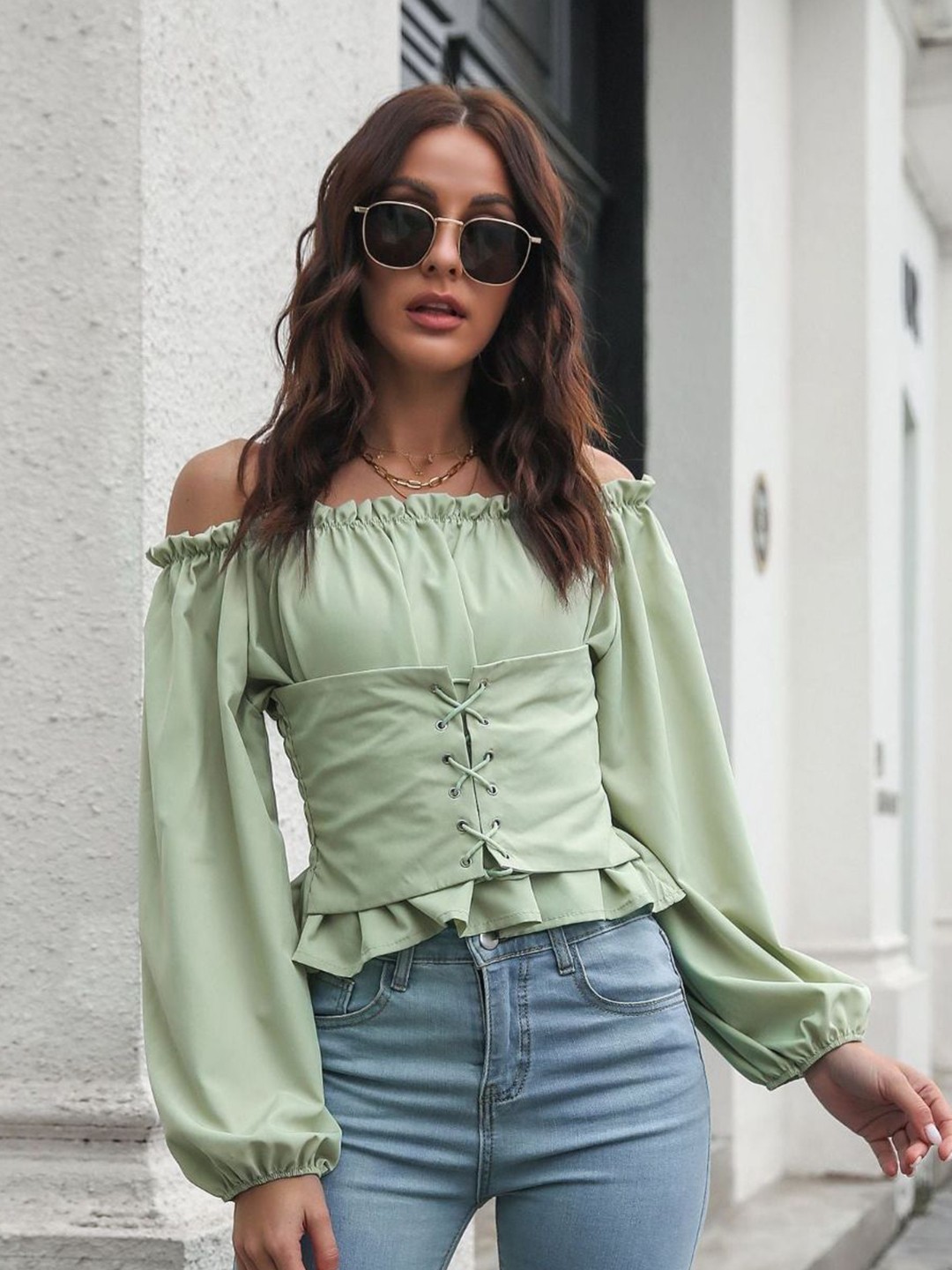 

DressBerry Green Off-Shoulder Puff Sleeves Smocked Bardot Top