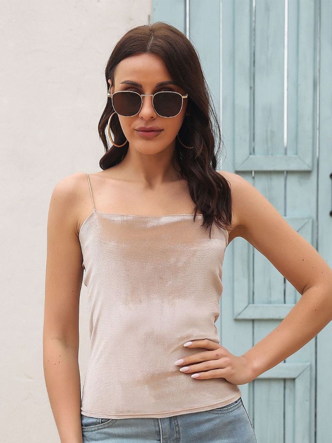 

DressBerry Beige Shoulder Strap Velvet Top