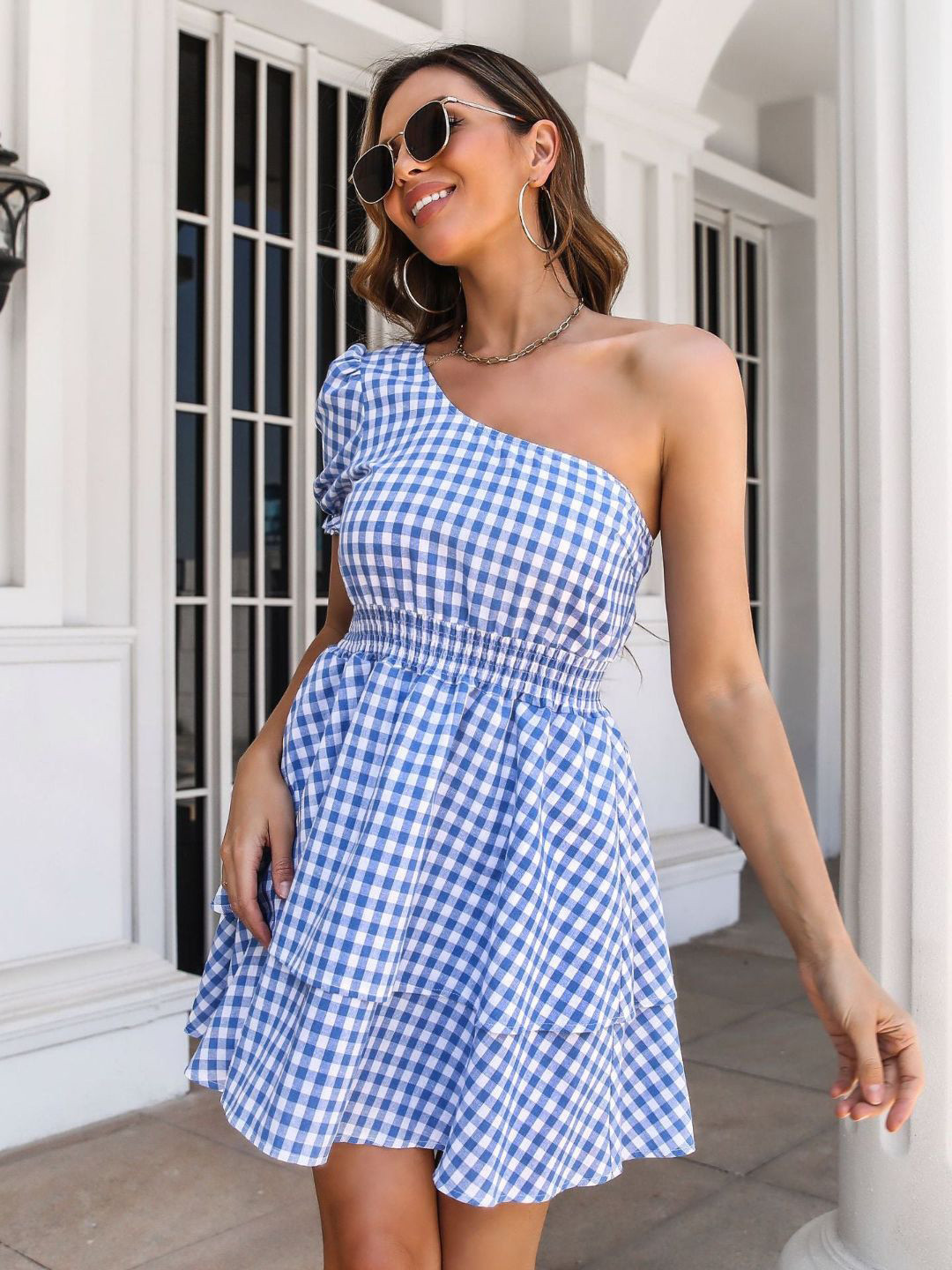 

DressBerry Blue Checked One Shoulder Puff Sleeves Smocked Detail Fit & Flare Dress