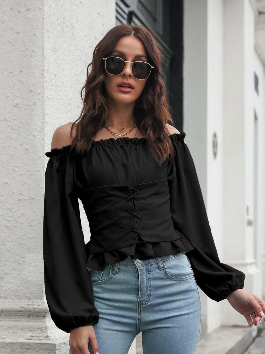 

DressBerry Black Puff Sleeve Off-Shoulder Smocked Bardot Top