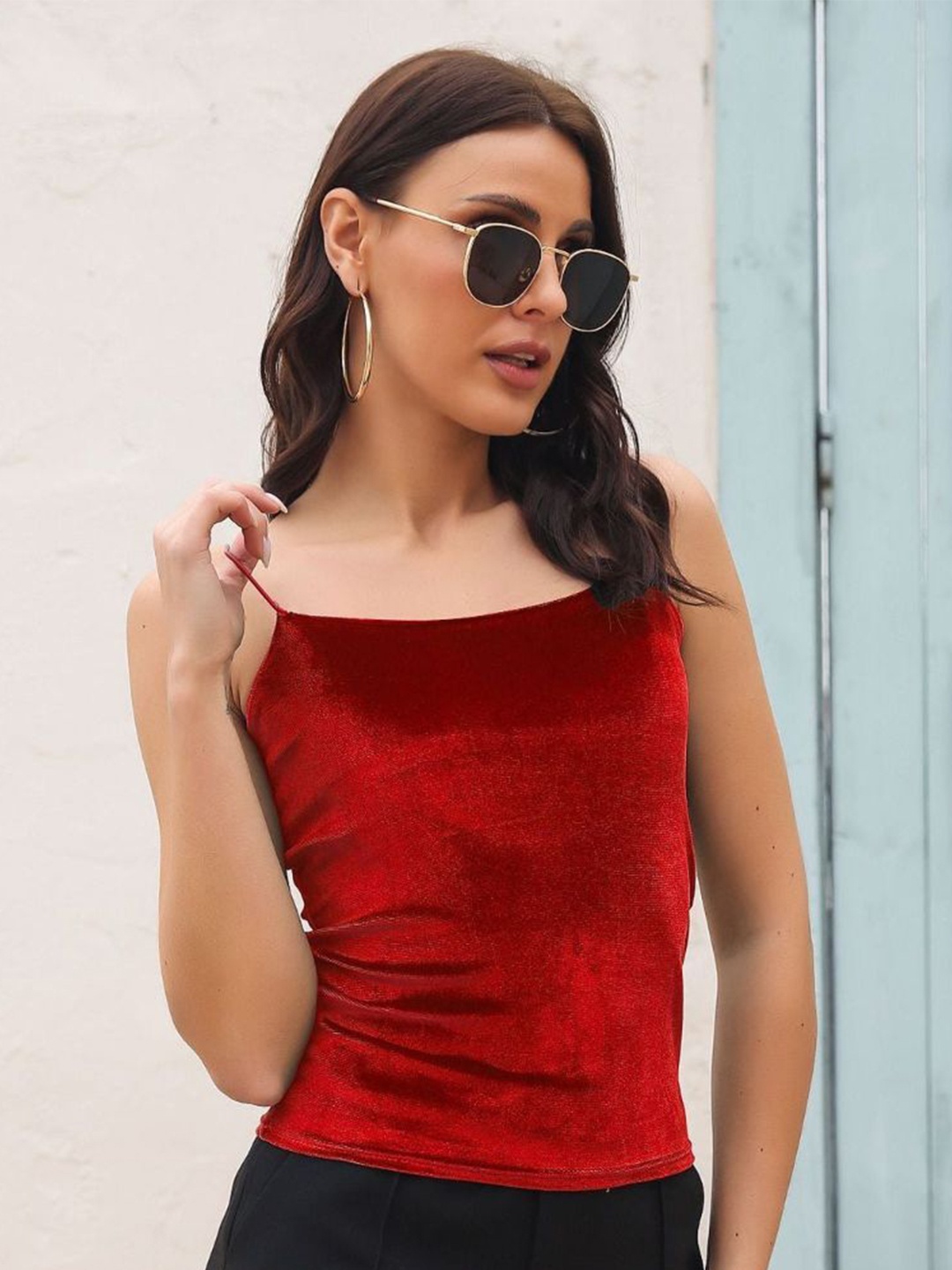 

DressBerry Red Shoulder Strap Velvet Top