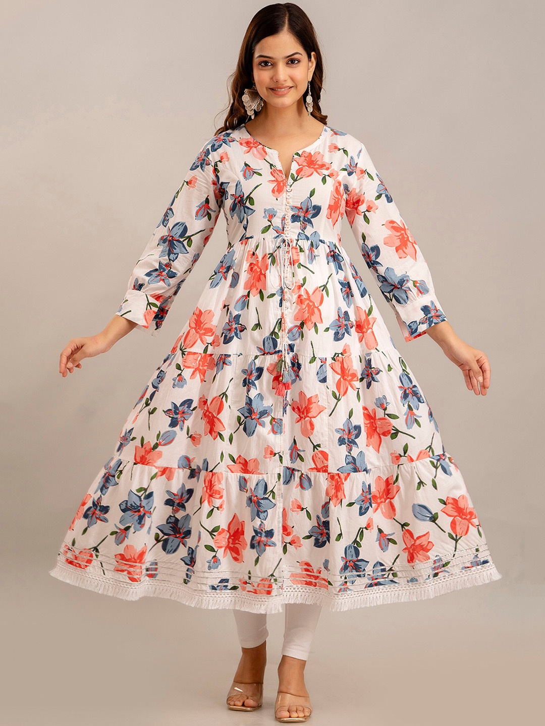 

OMASK Floral Printed Puff Sleeves Cotton Anarkali Kurta, White