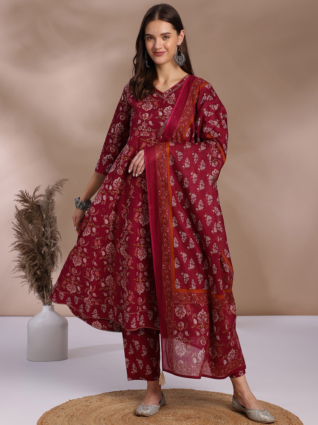 

OMASK Floral Printed V-Neck Anarkali Aari Work Pure Cotton Kurta With Palazzos & Dupatta, Maroon
