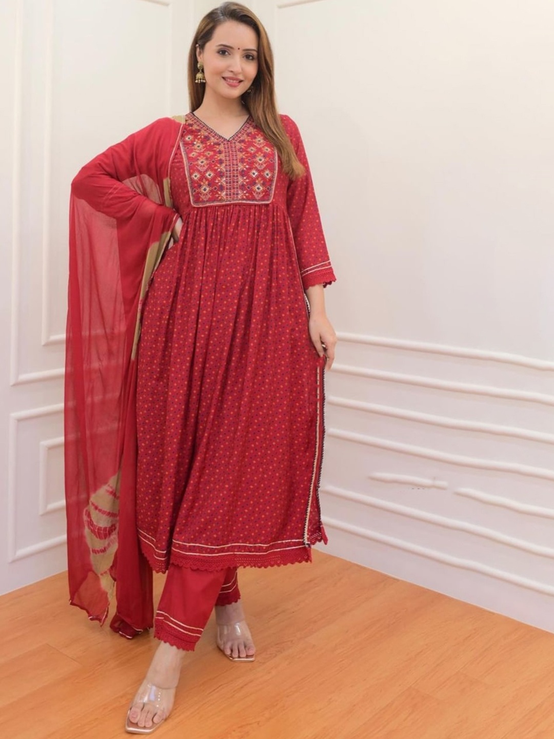 

OMASK Geometric Printed Thread Work Pleated Kurta With Trouser & Dupatta, Red