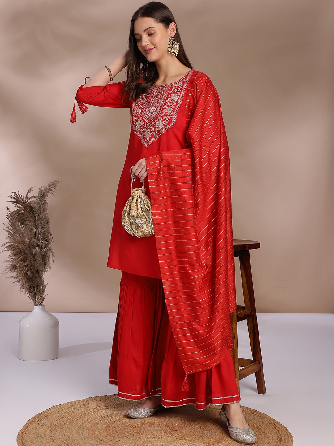 

OMASK Floral Yoke Design Thread Work Kurta With Sharara & Dupatta, Red