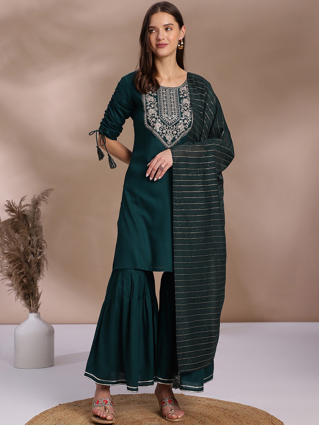 

OMASK Round Neck Floral Yoke Design Empire Kurta with Sharara & With Dupatta, Green
