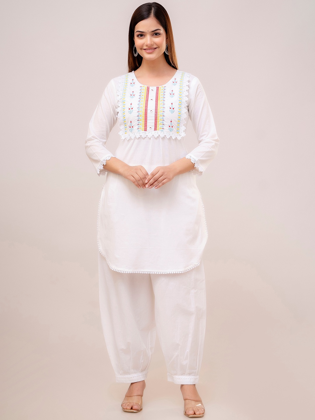 

OMASK Round Neck Yoke Design Thread Work Pure Cotton Kurta with Patiala, White