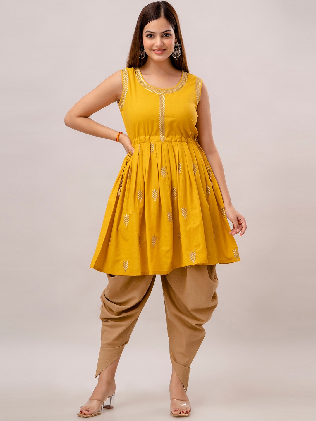 

OMASK Ethnic Motifs Embroidered Pure Cotton Kurta With Dhoti Pants, Mustard
