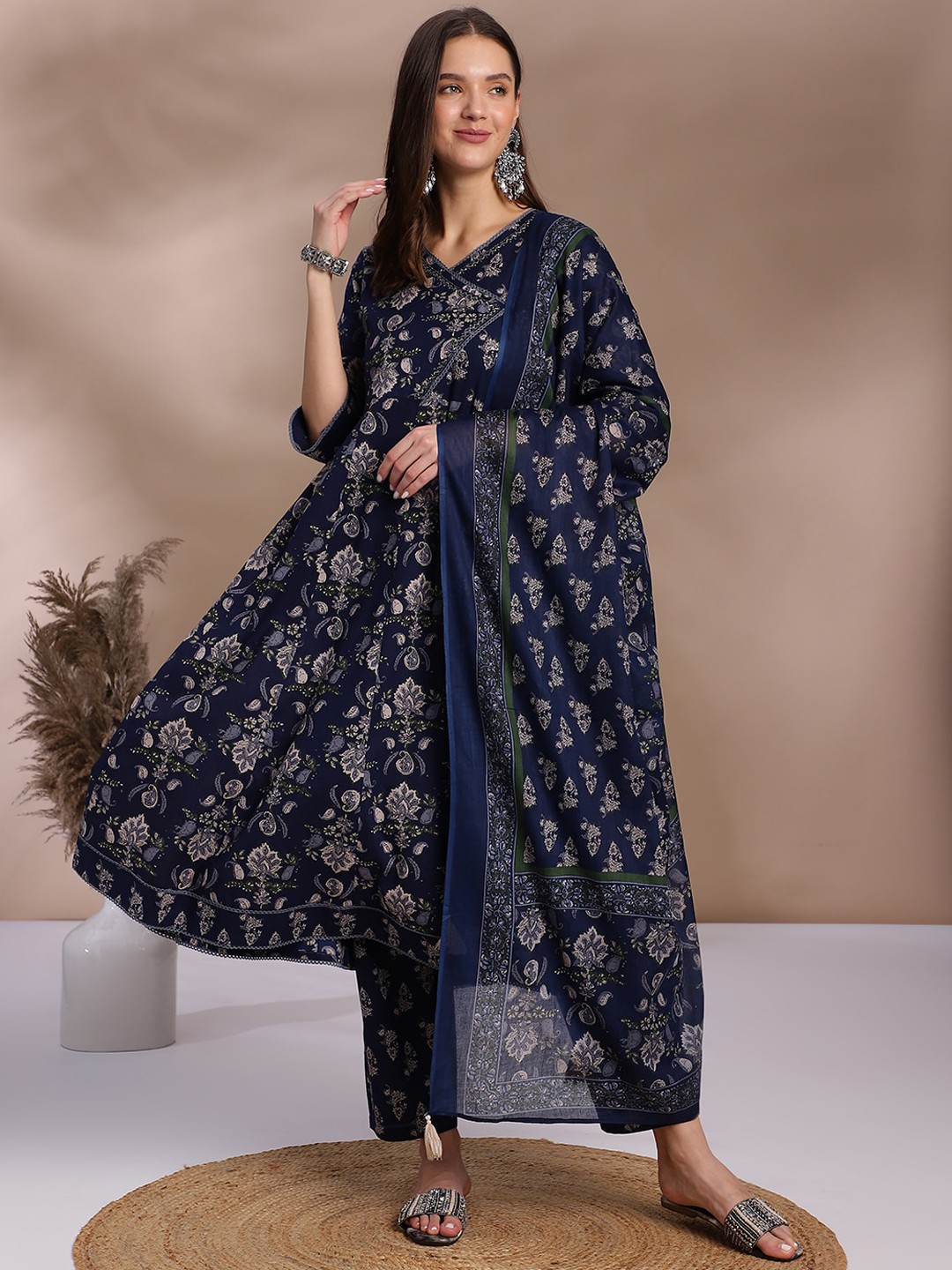 

OMASK Floral Printed Wrap Anarkali Pure Cotton Kurta With Trousers & Dupatta, Blue