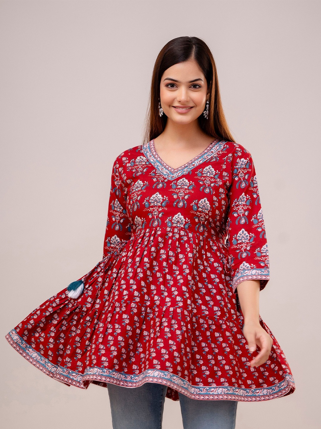 

OMASK Floral Printed V-Neck A-line Pure Cotton Kurti, Maroon
