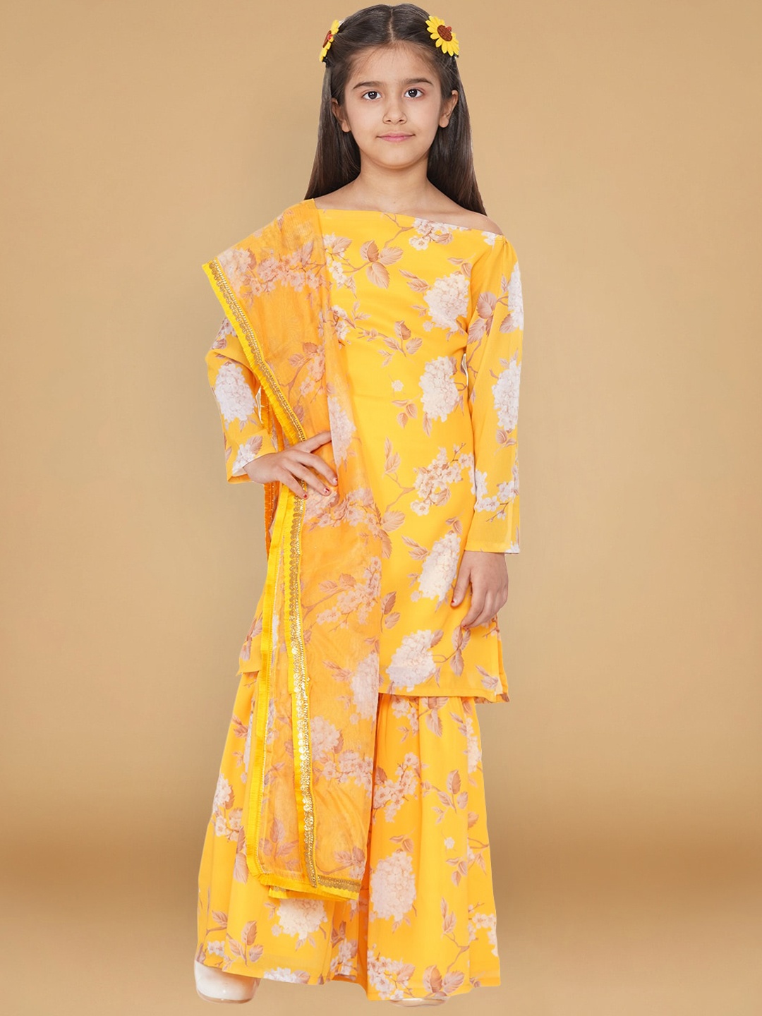 

Aks Kids Girls Floral Printed Off-Shoulder Full Sleeves Kurta With Sharara & Dupatta, Yellow