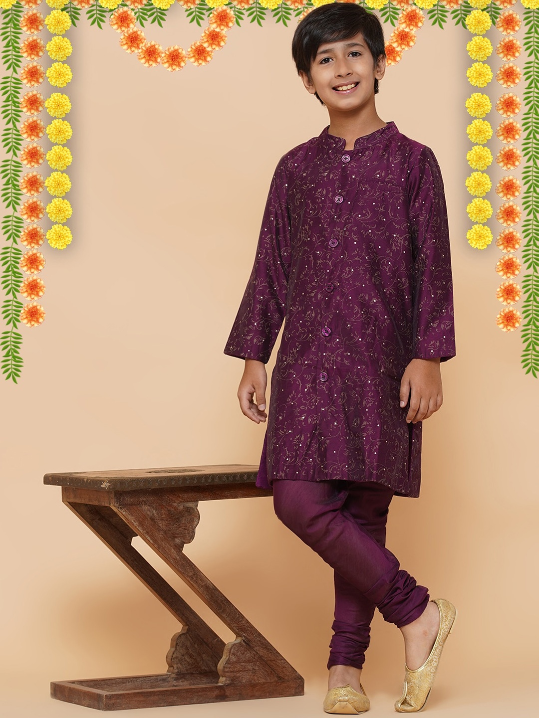 

Aks Kids Boys Ethnic Motifs Mandarin Collar Sequinned Chanderi Silk Kurta & Churidar, Purple