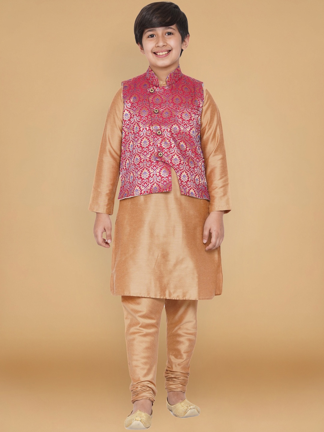 

Aks Kids Boys Mandarin Collar Regular Kurta With Churidar & Brocade Nehru Jacket, Red