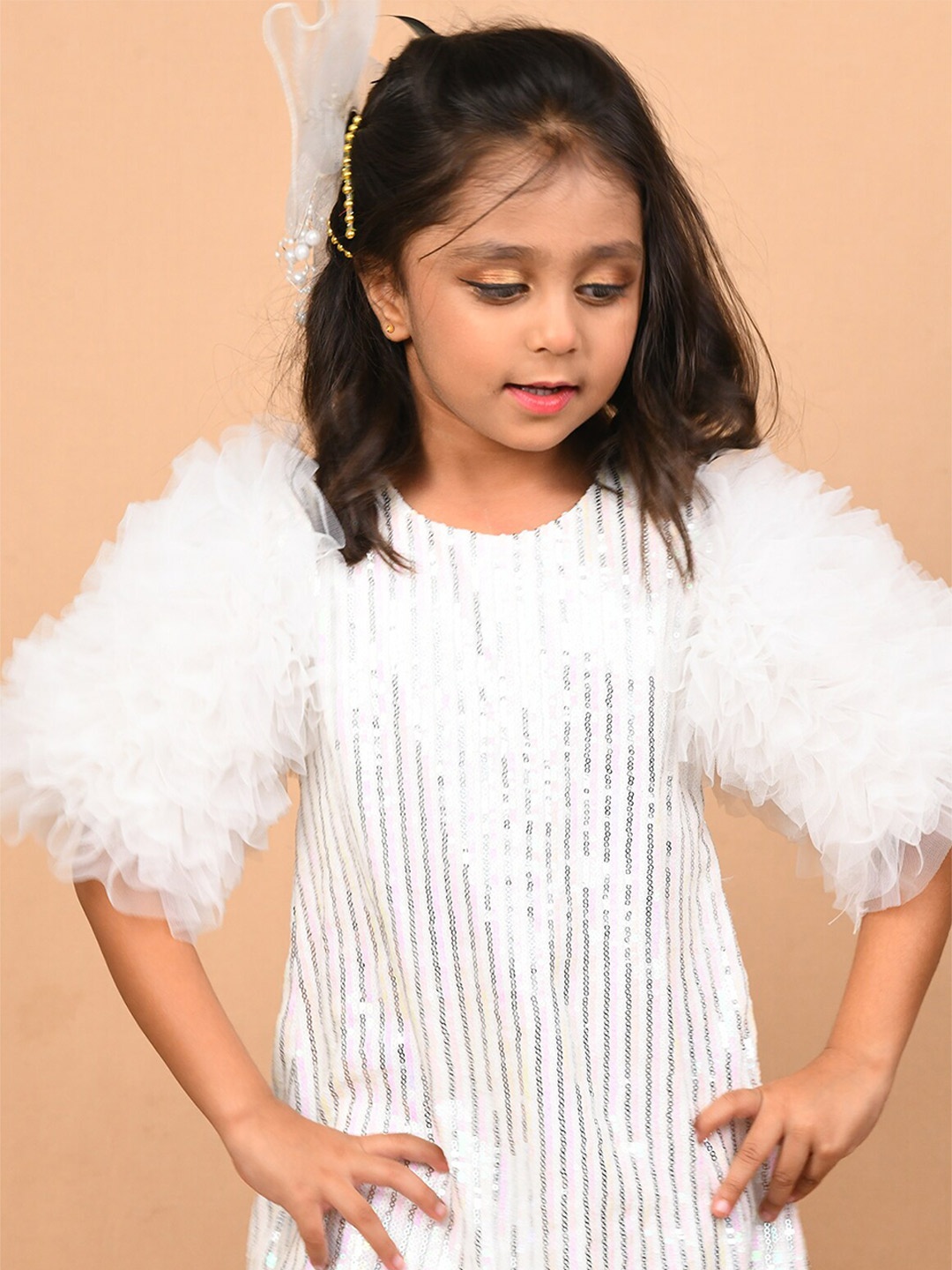

Little Carrot Girls Embellished Sequined Puff Sleeves A-Line Dress, White