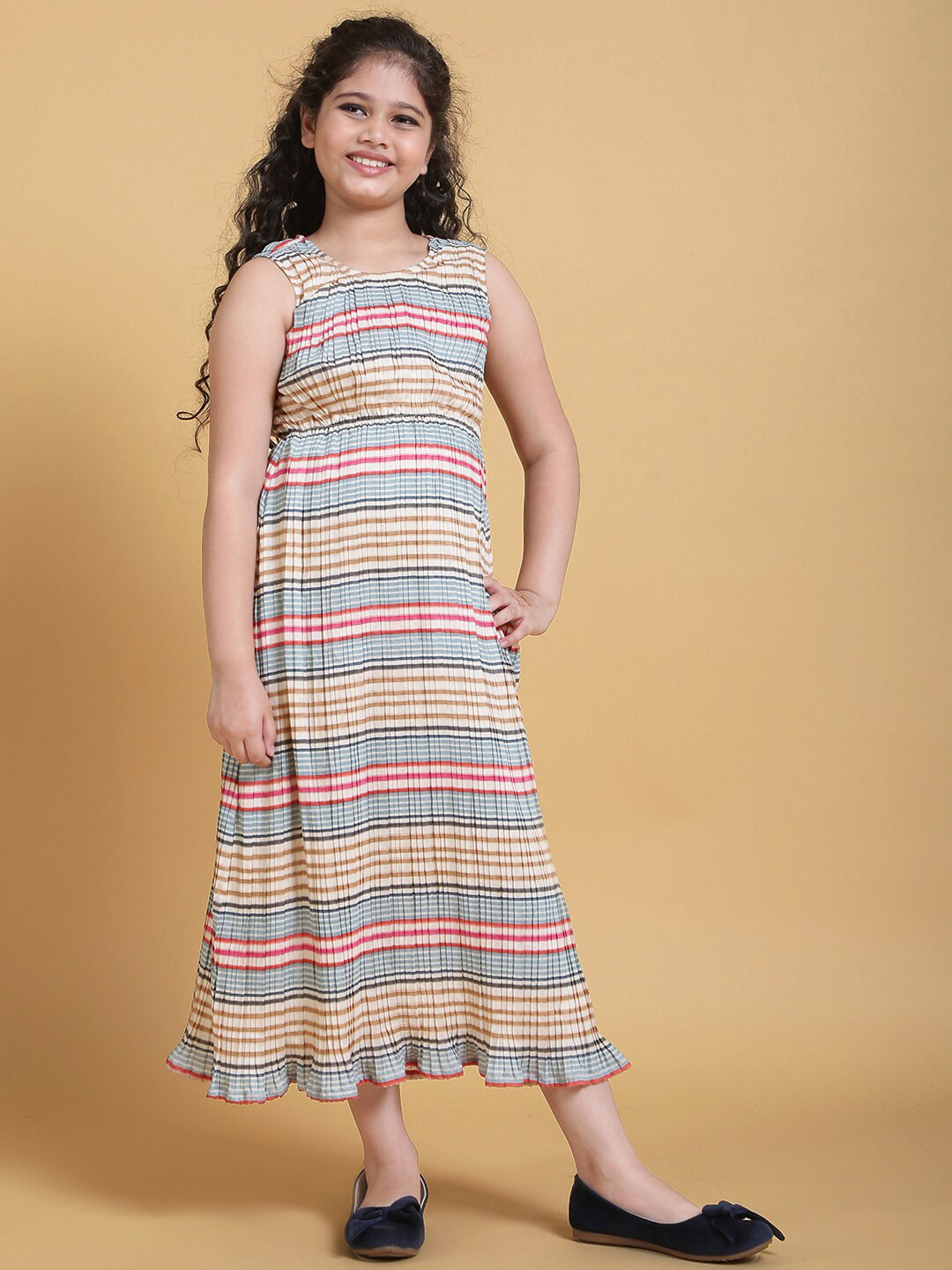 

Aks Kids Girls Striped Printed Round Neck Pleated Georgette Maxi Dress, Beige