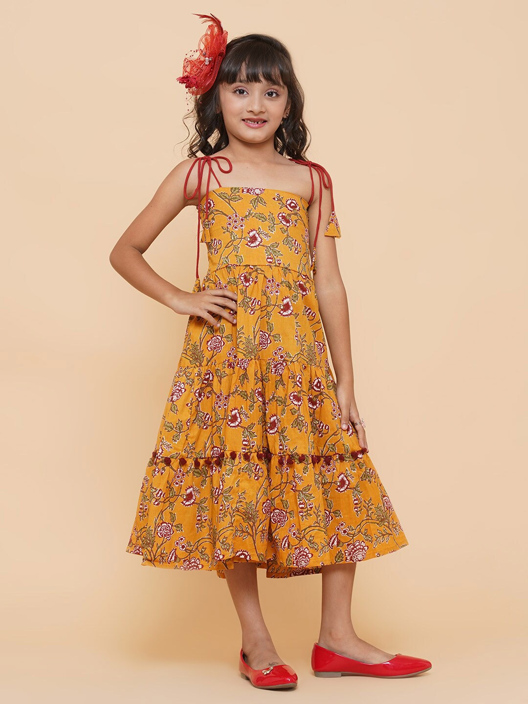 

Aks Kids Girls Floral Printed Fit and Flare Midi Tiered Dress, Mustard