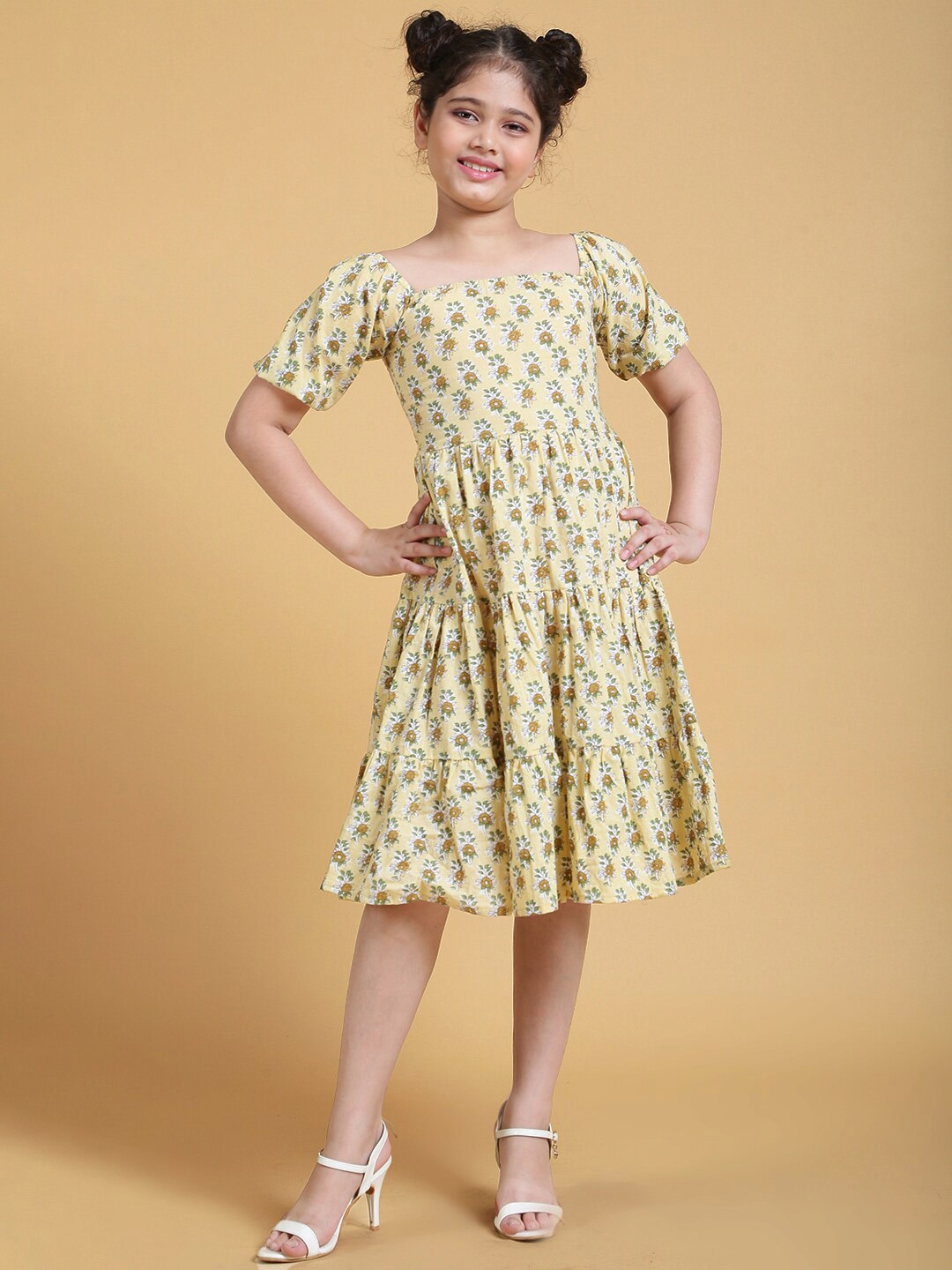 

Aks Kids Girls Floral Printed Puff Sleeve Cotton A-Line Tiered Dress, Yellow