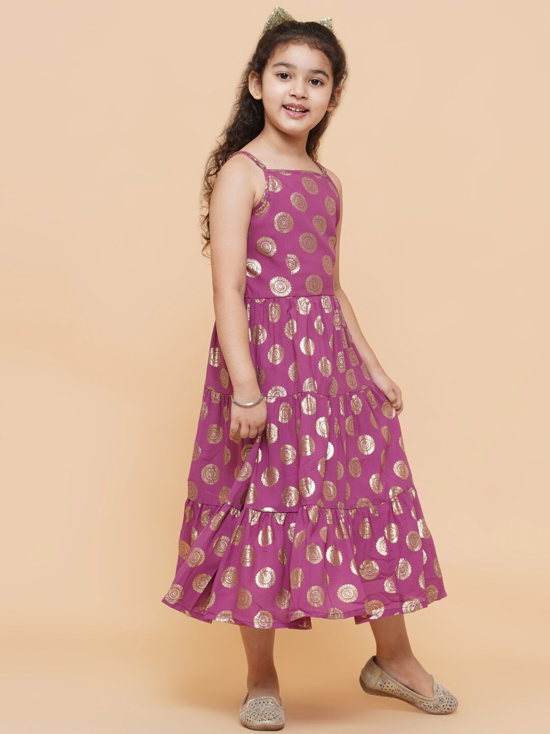 

Aks Kids Girls Floral Printed Round Neck Georgette A-Line Midi Dress, Magenta