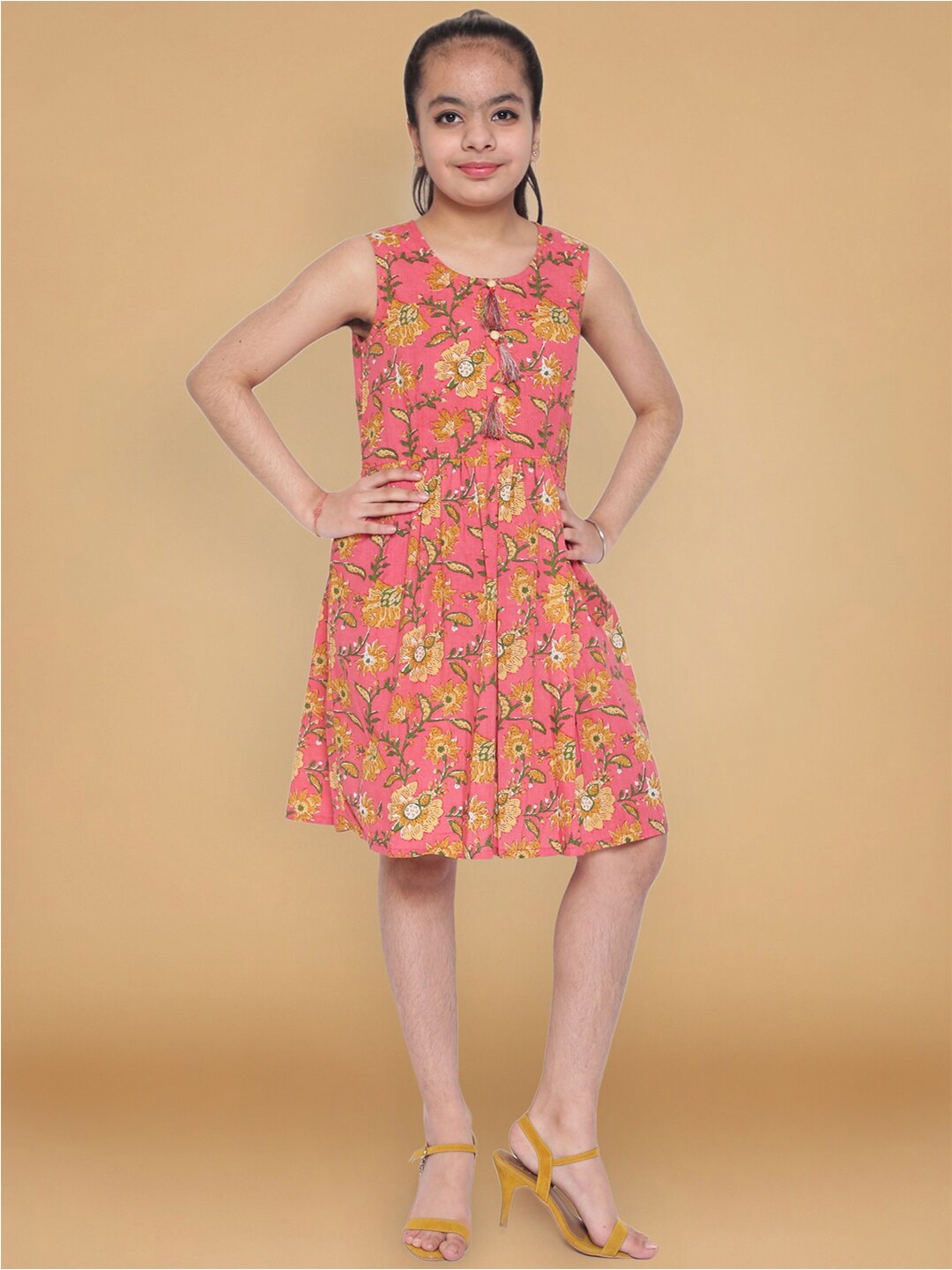

Aks Kids Girls Floral Printed Round Neck Fit & Flare Dress, Pink