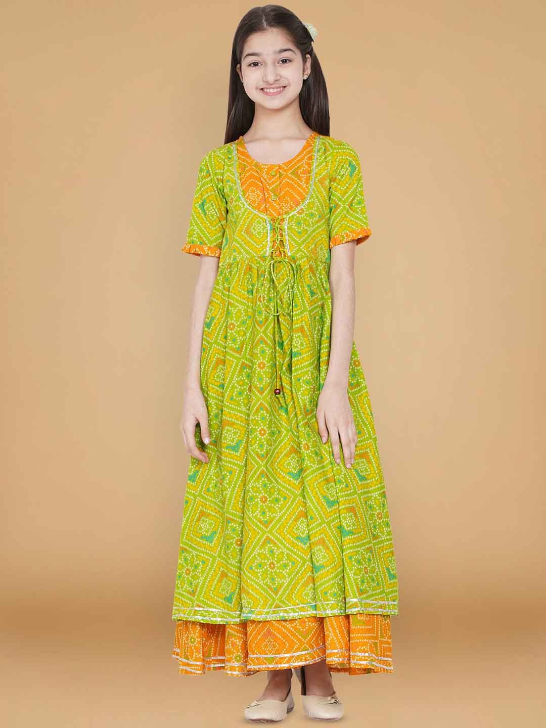 

Aks Kids Girls Ethnic Motifs Printed Round Neck Cotton Maxi Dress, Green