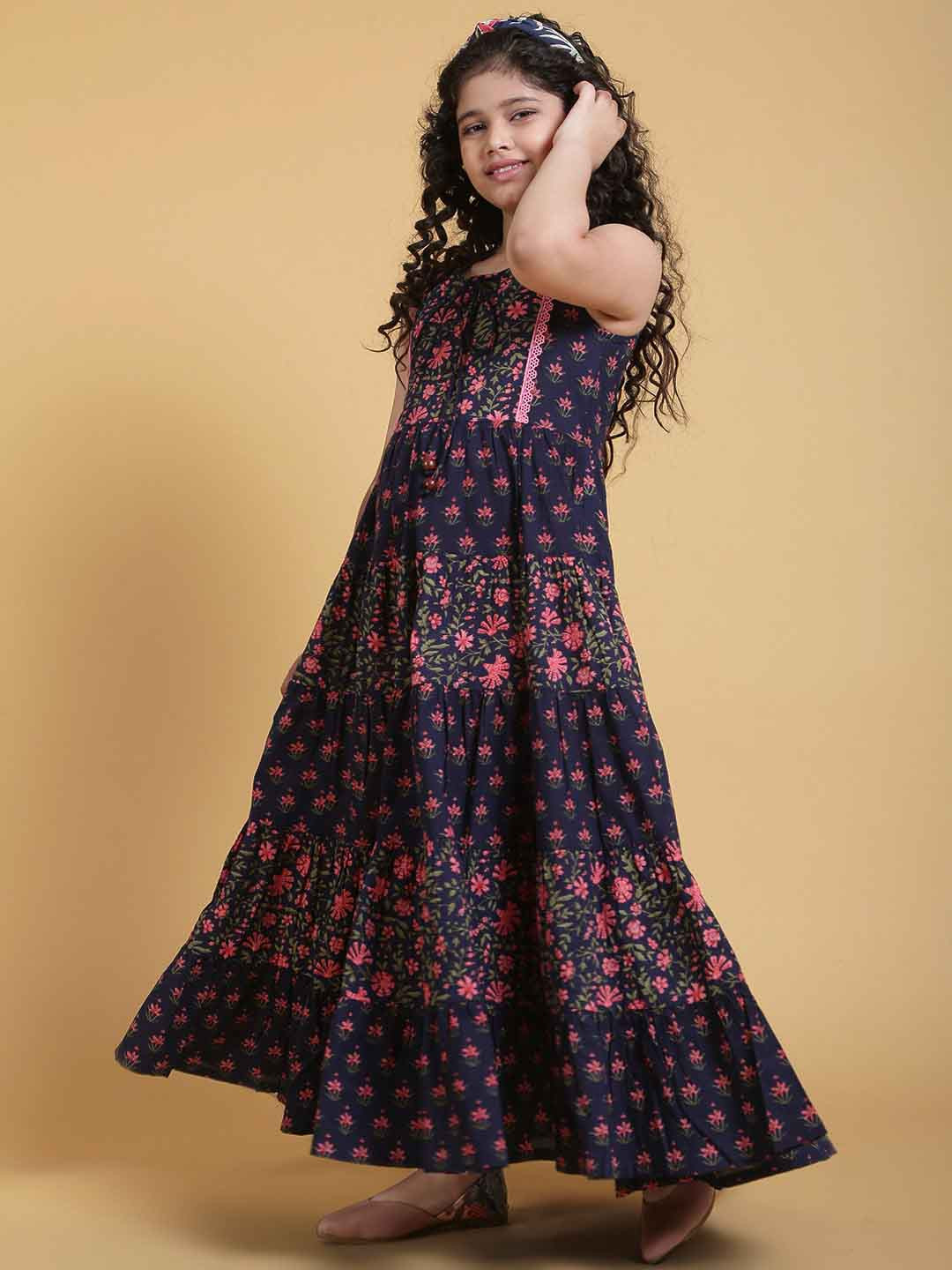

Aks Kids Girls Floral Printed Round Neck Maxi Fit and Flare Dress, Blue