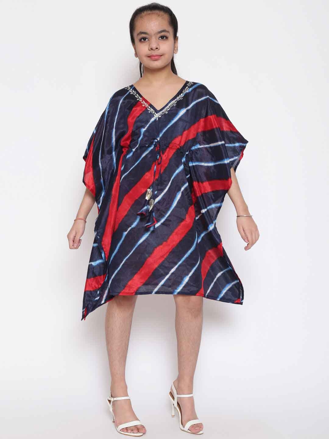 

Aks Kids Leheriya Printed Kimono Sleeves Kaftan Dress, Navy blue