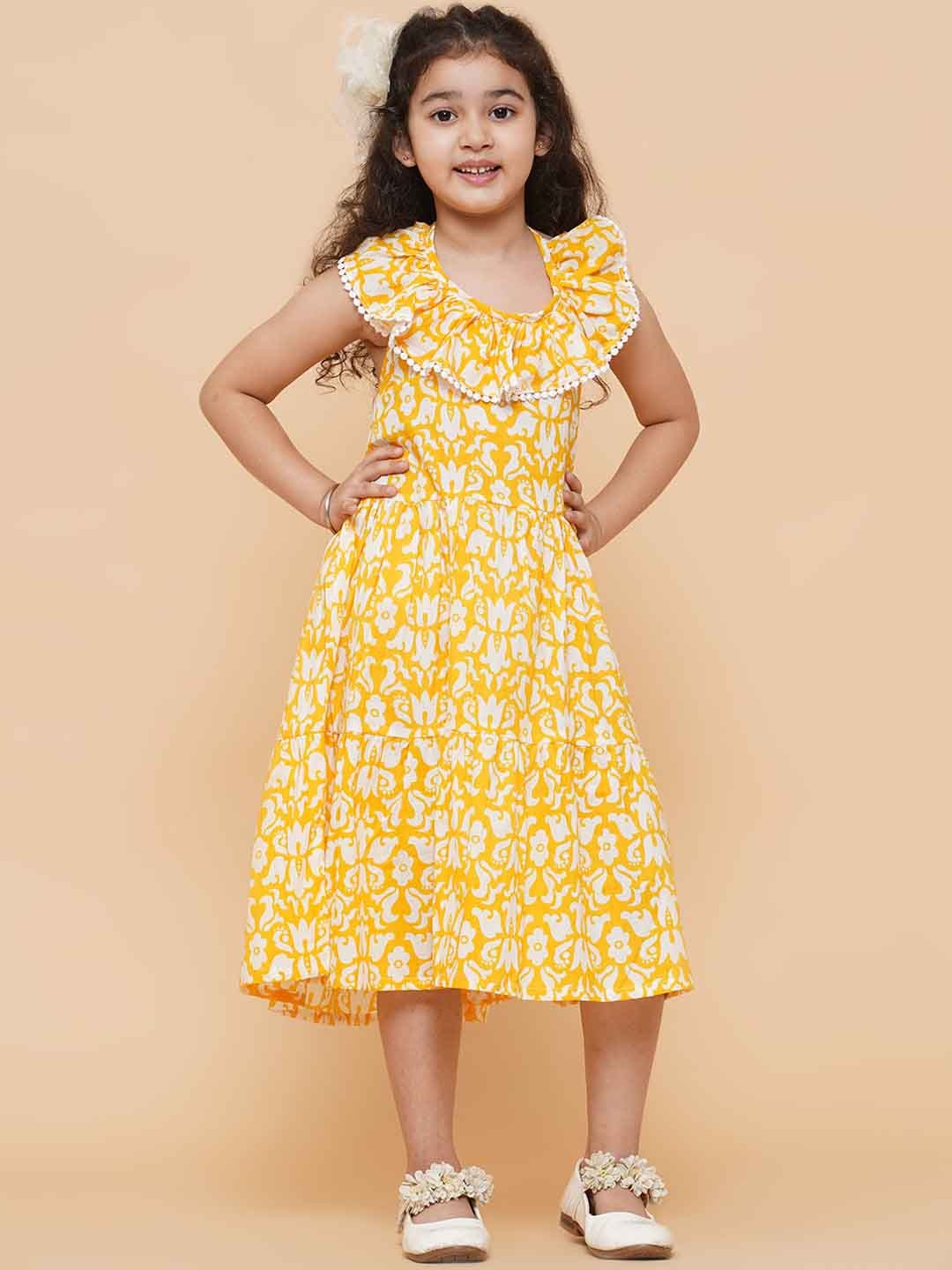 

Aks Kids Girls Floral Printed Round Neck Fit & Flare Midi Dress, Yellow