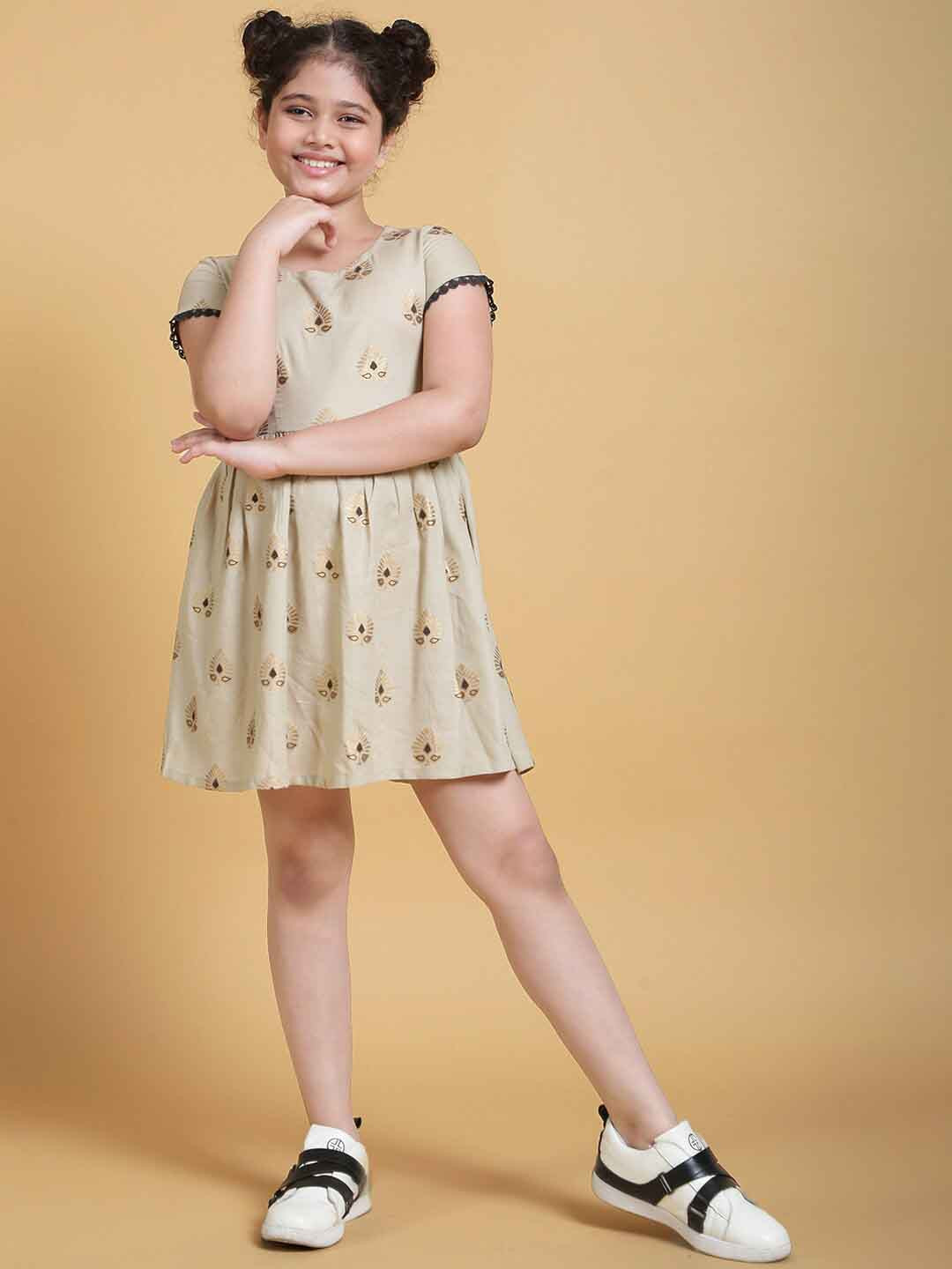 

Aks Kids Girls Printed Round Neck A-Line Short Dress, Beige