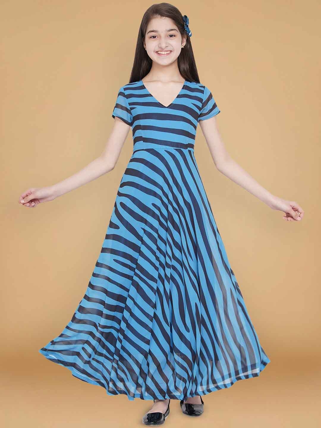 

Aks Kids Girls Striped Printed Georgette Maxi Dress, Blue
