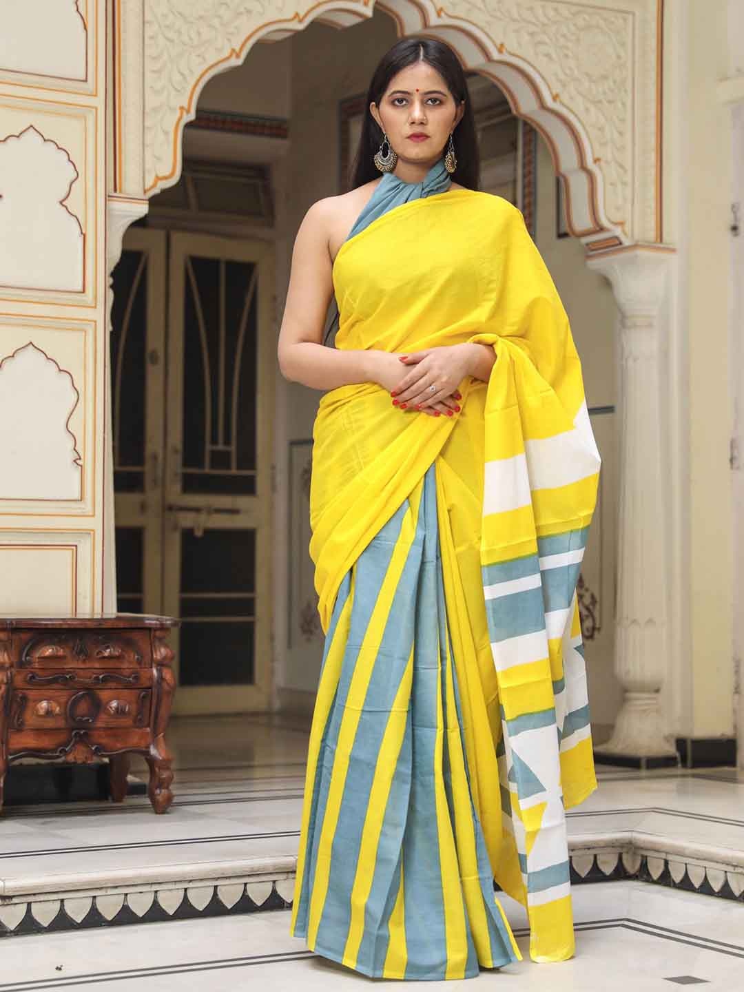 

JALTHER Geometric Pure Cotton Block Print Saree, Yellow