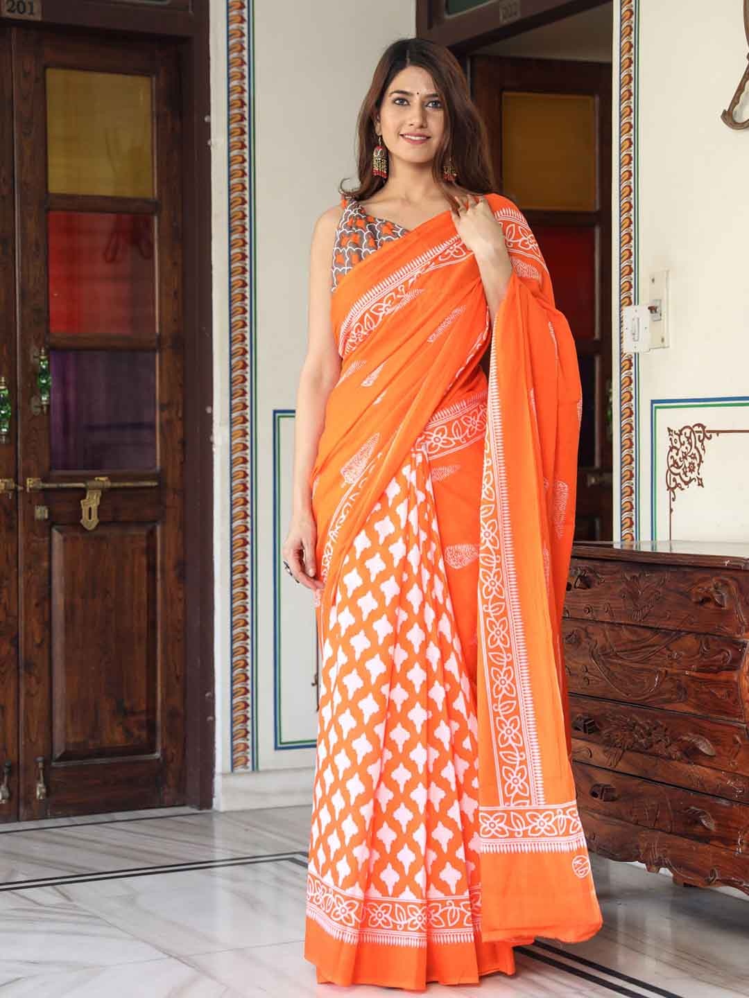 

JALTHER Ethnic Motifs Pure Cotton Block Print Saree, Orange