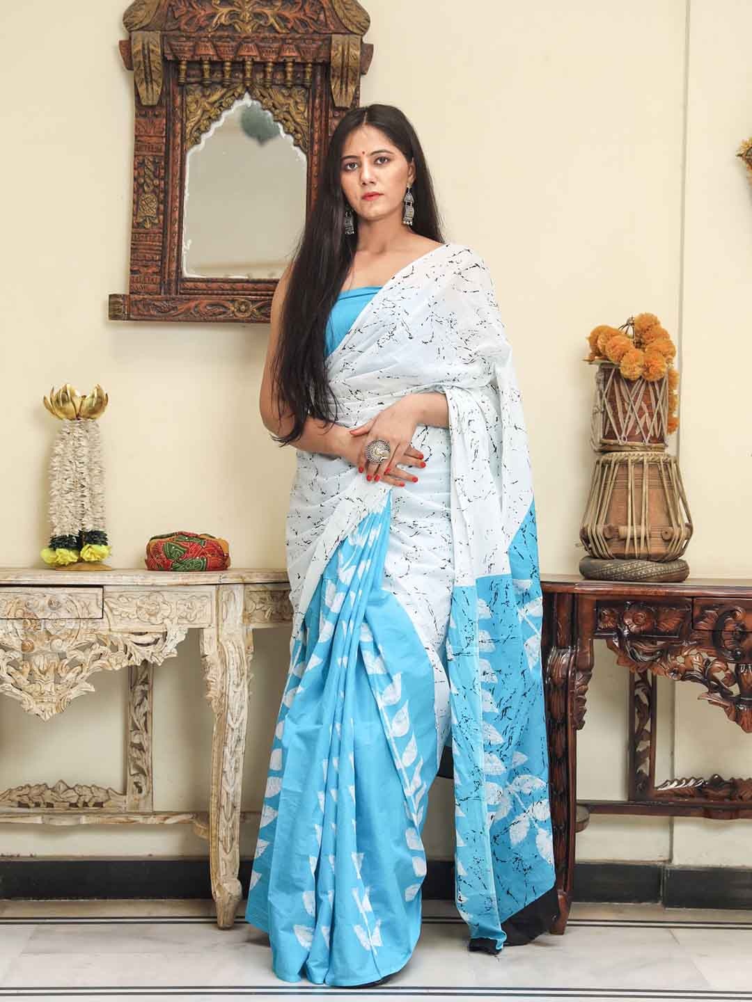 

JALTHER Floral Printed Pure Cotton Block Print Saree, Green