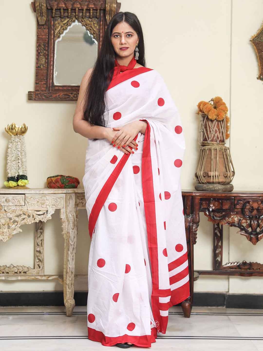 

JALTHER Polka Dot Printed Pure Cotton Block Print Saree, White