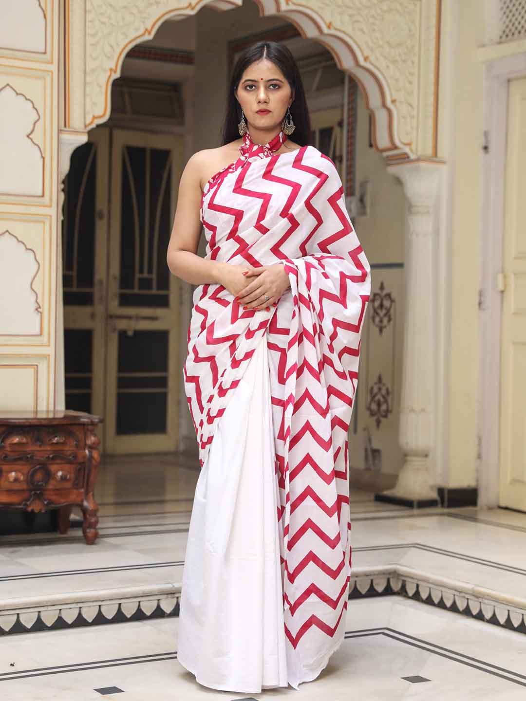 

JALTHER Geometric Printed Pure Cotton Half & Half Block Print Saree, Red