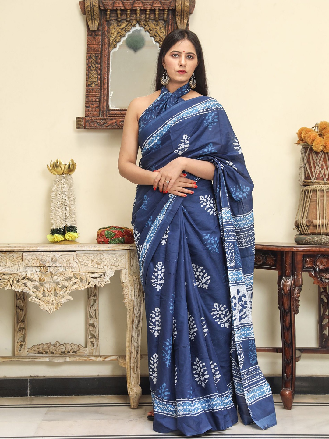 

JALTHER Ethnic Motifs Block Print Saree, Blue