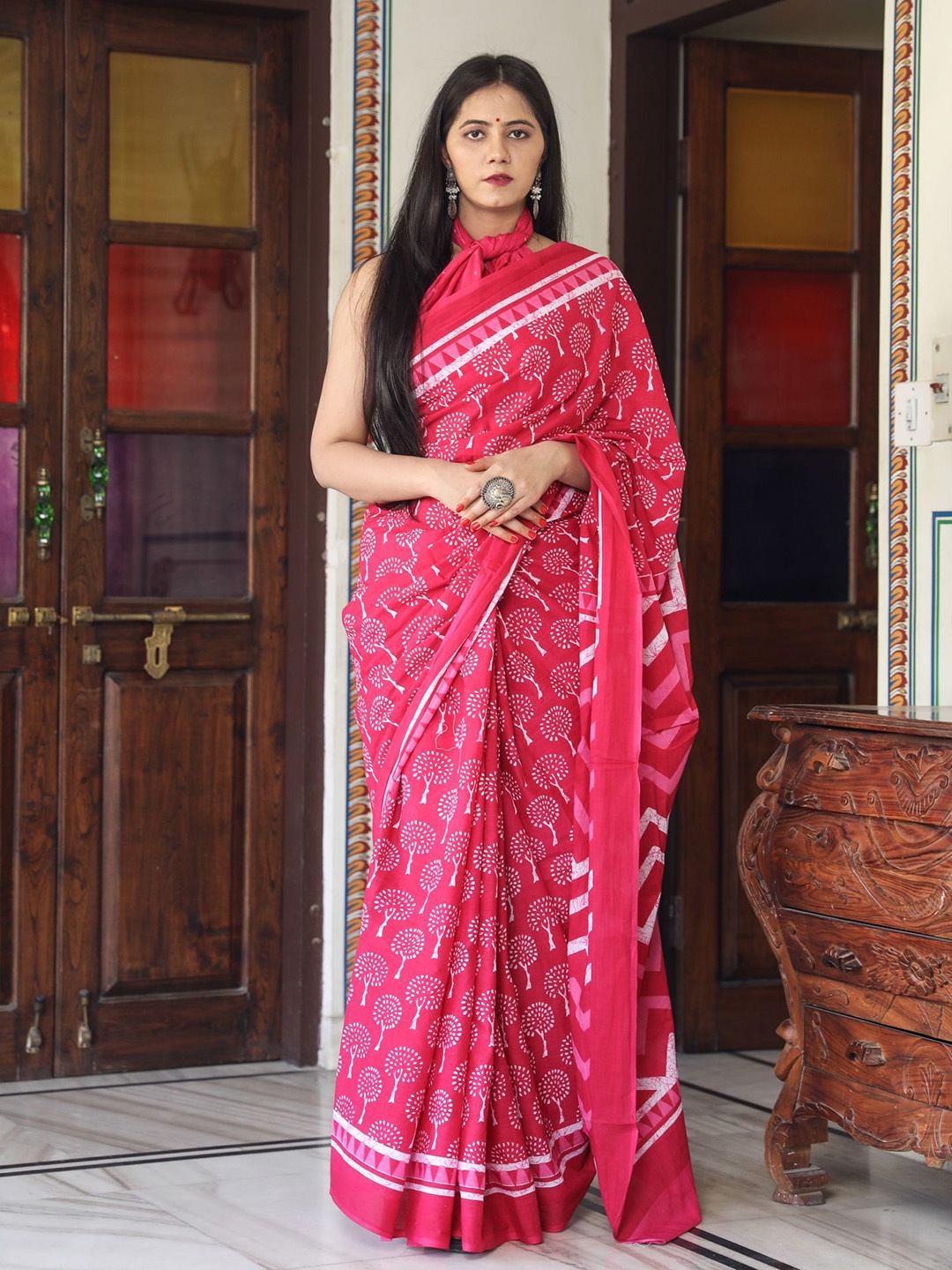 

KIAARON Ethnic Motifs Pure Cotton Block Print Saree, Pink