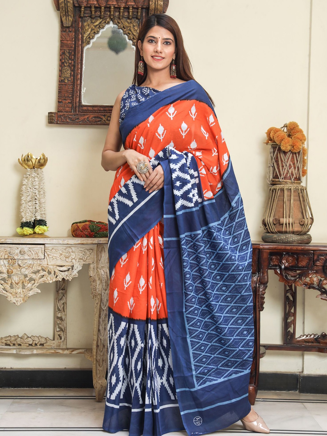 

KIAARON Ethnic Motifs Pure Cotton Block Print Saree, Orange