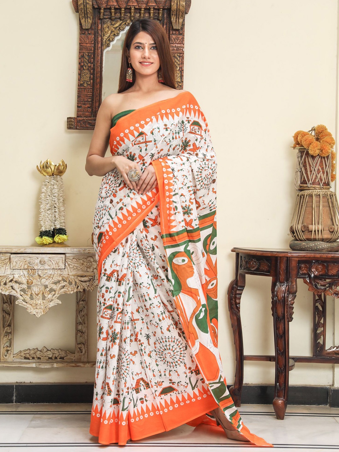

KIAARON Warli Pure Cotton Block Print Saree, Orange