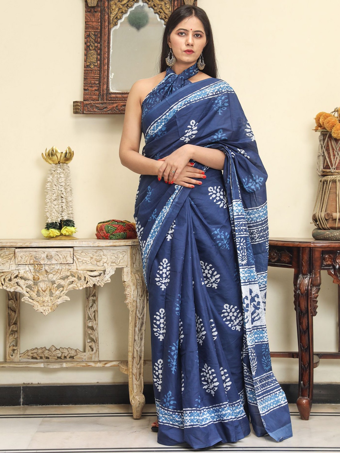 

KIAARON Ethnic Motifs Pure Cotton Block Print Saree, Blue