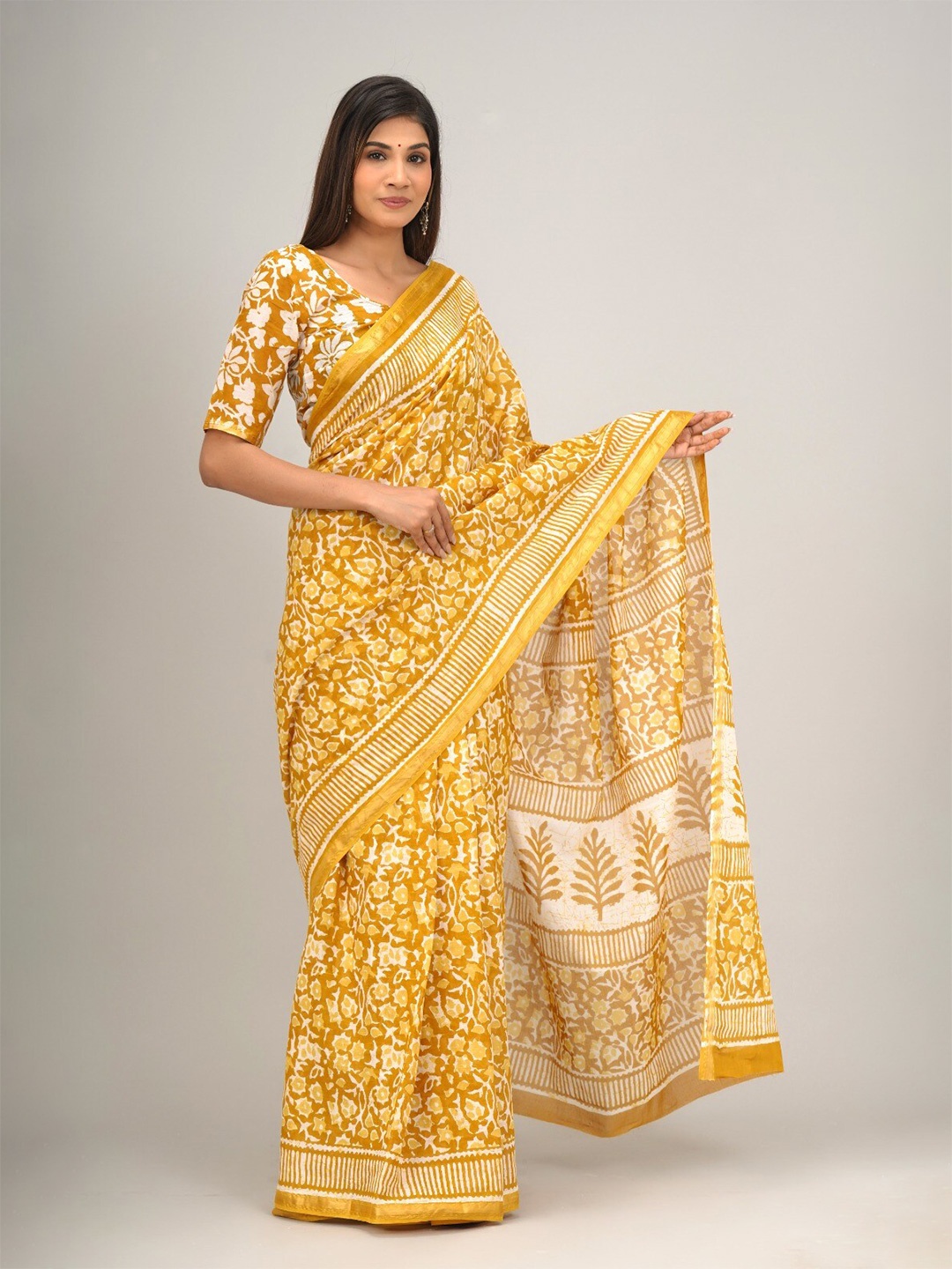 

GK FASHION Pure Cotton Floral Block Print Saree, Yellow