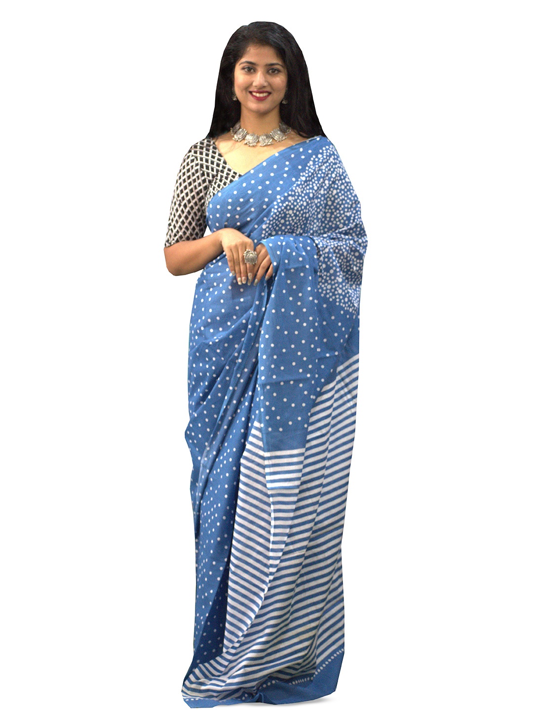 

GK FASHION Polka Dot Pure Cotton Block Print Saree, Blue