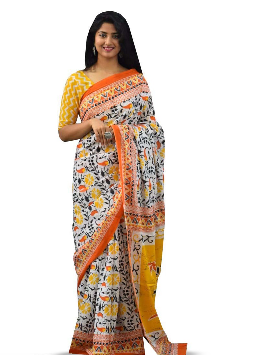 

GK FASHION Pure Cotton Floral Block Print Saree, Yellow