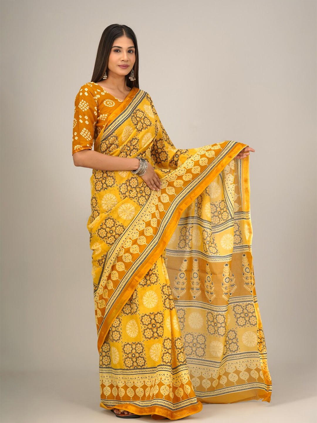 

GK FASHION Pure Cotton Ethnic Block Print Saree, Orange
