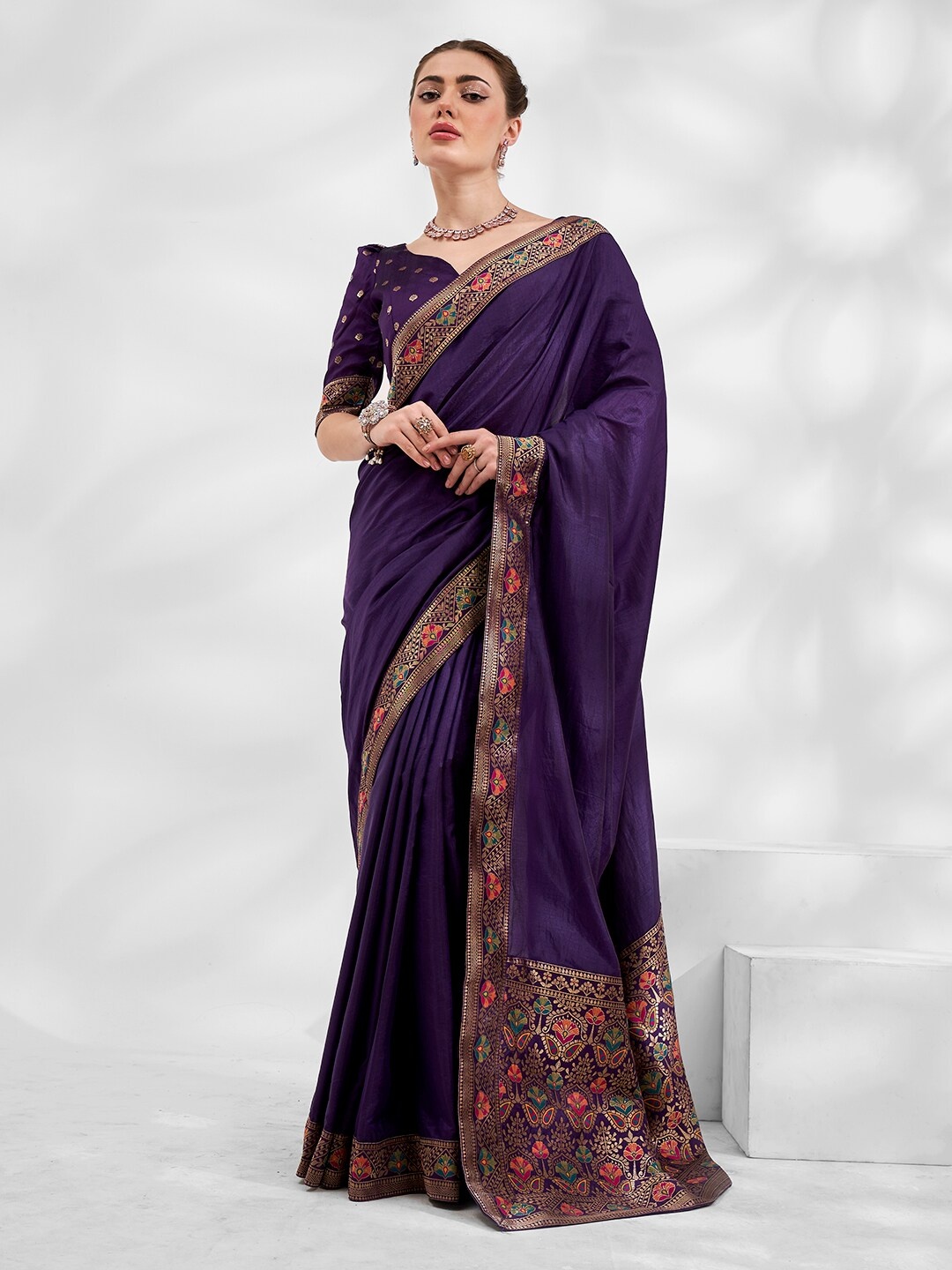 

Kalista Ethnic Motifs Woven Design Zari Banarasi Saree, Purple