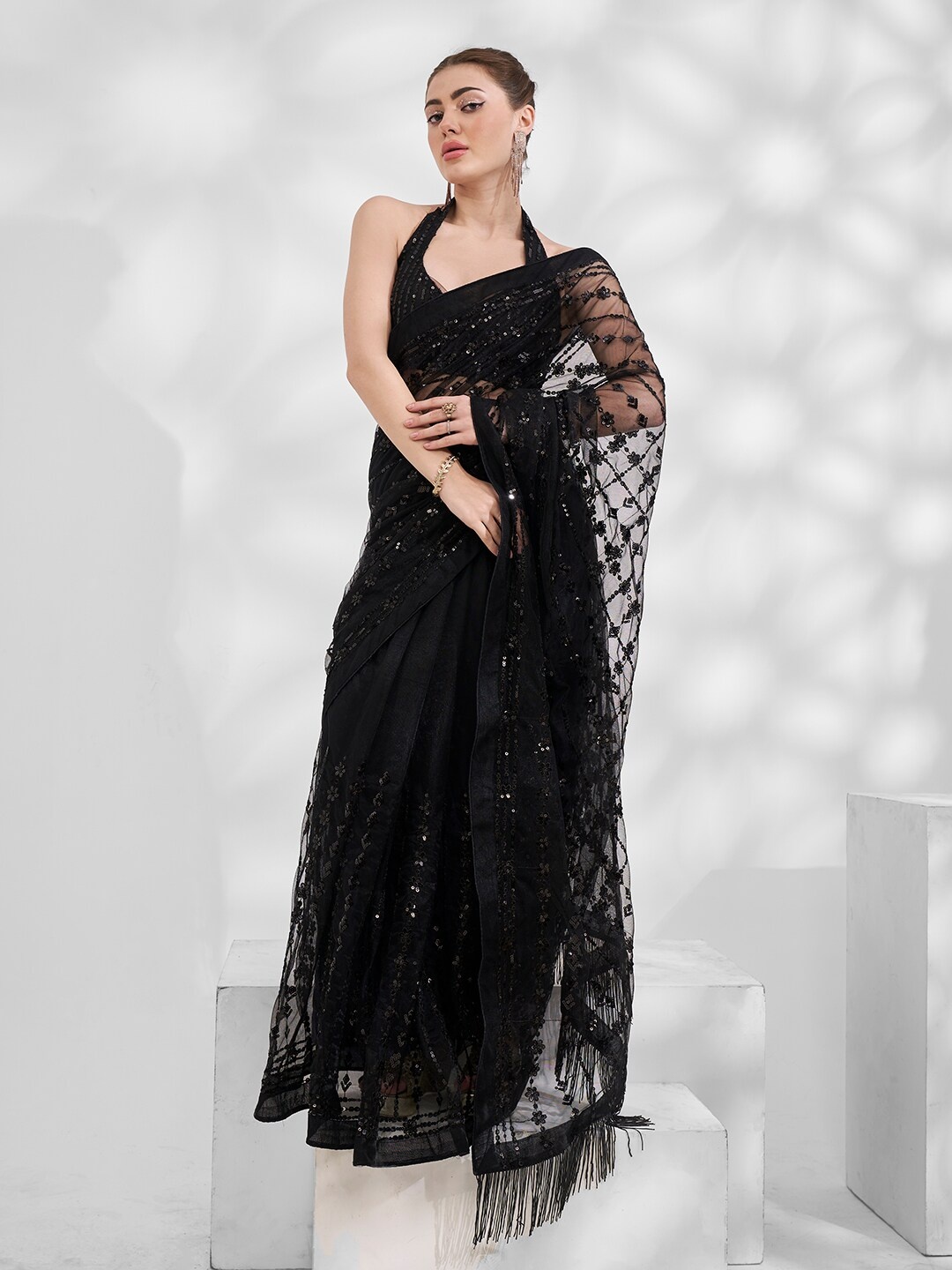 

Kalista Floral Embellished Sequinned Net Saree, Black