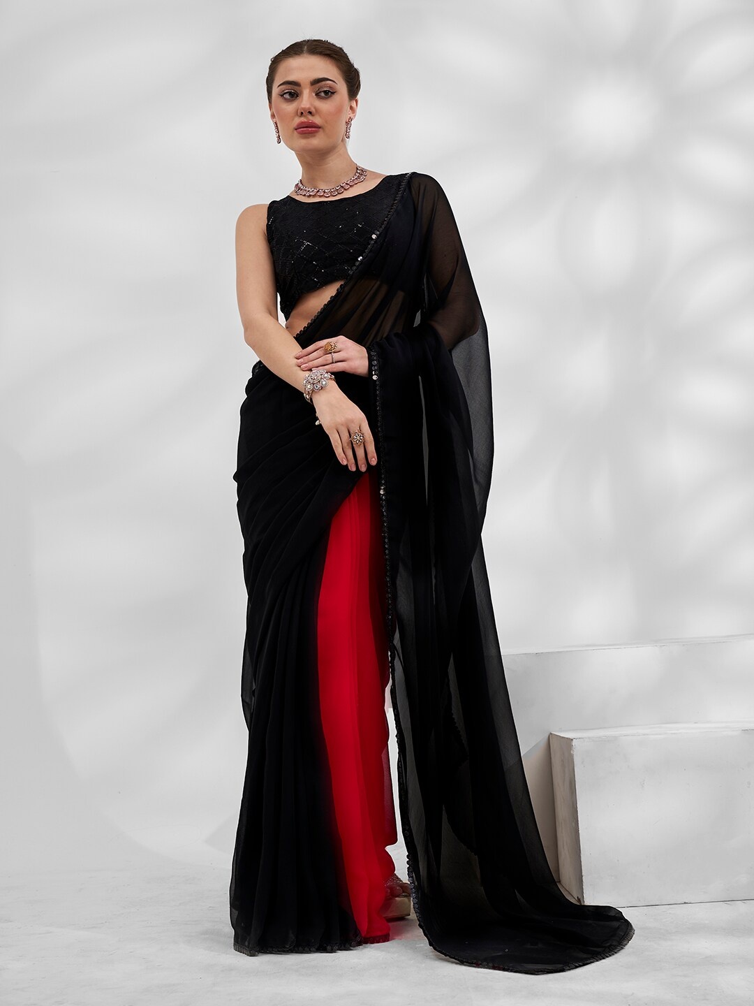 

Kalista Colourblocked Pure Georgette Saree, Black